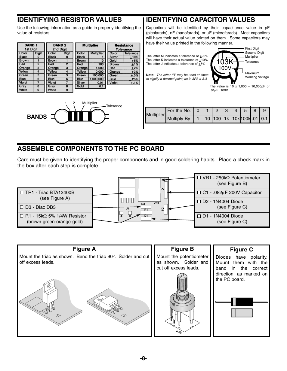 103k, Assemble components to the pc board, Identifying resistor values | Identifying capacitor values, Figure c, Figure a, Figure b, Bands, 100v | Elenco Soldering Station User Manual | Page 9 / 20