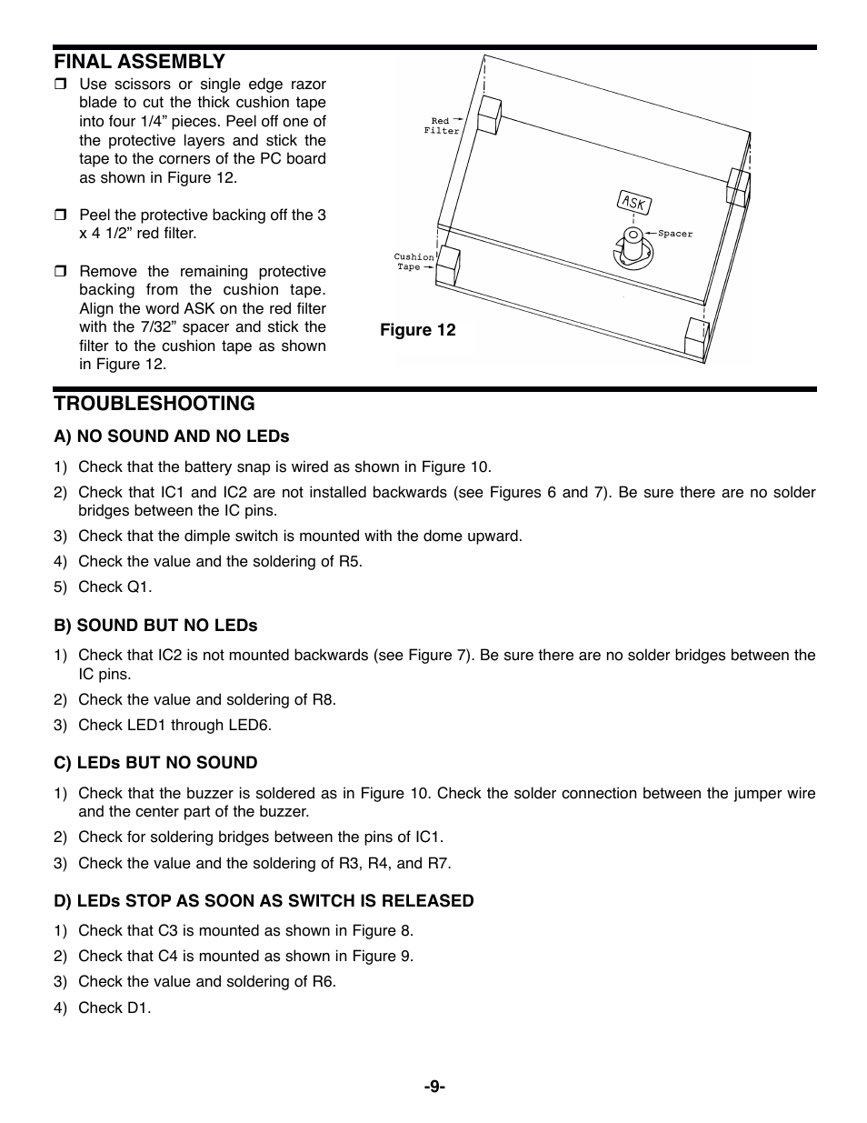Final assembly, Troubleshooting | Elenco Surface Mount Technology Kit User Manual | Page 10 / 12
