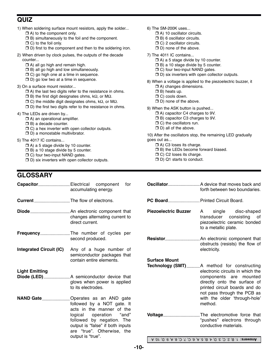 Quiz, Glossary | Elenco Surface Mount Technology Kit User Manual | Page 11 / 12