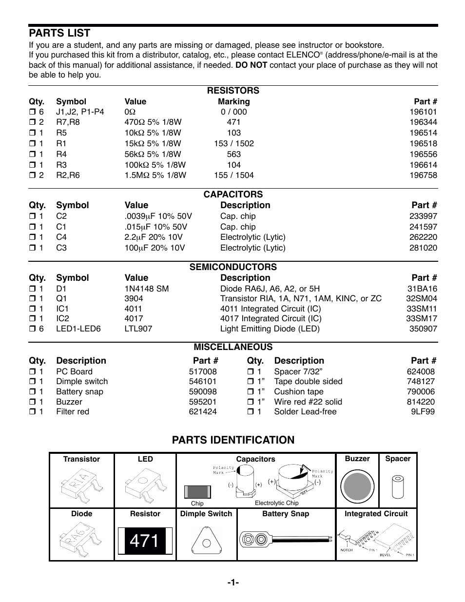 Parts list, Parts identification | Elenco Surface Mount Technology Kit User Manual | Page 2 / 12