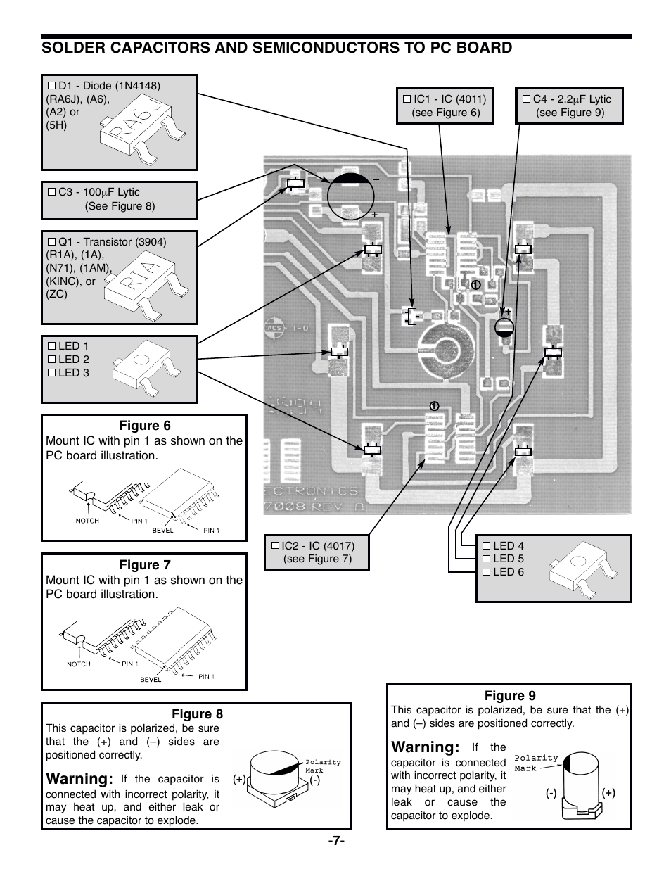 Solder capacitors and semiconductors to pc board, Warning | Elenco Surface Mount Technology Kit User Manual | Page 8 / 12