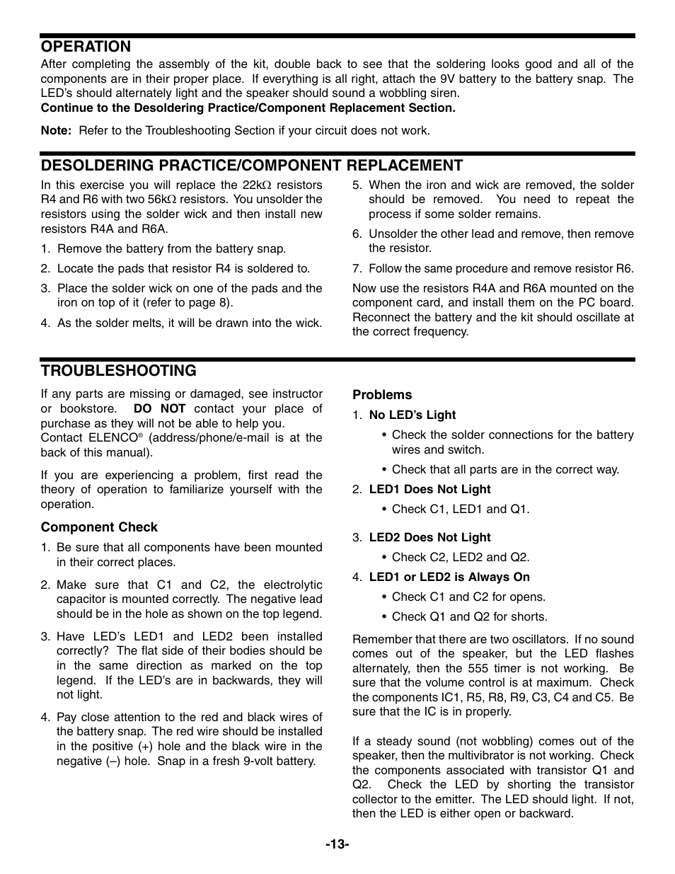 Troubleshooting operation, Desoldering practice/component replacement | Elenco Practical Soldering Project Kit User Manual | Page 14 / 16