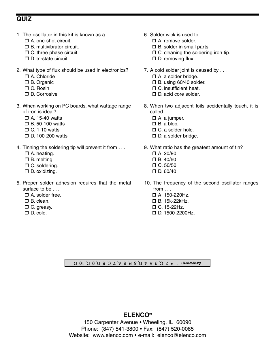 Elenco, Quiz | Elenco Practical Soldering Project Kit User Manual | Page 16 / 16