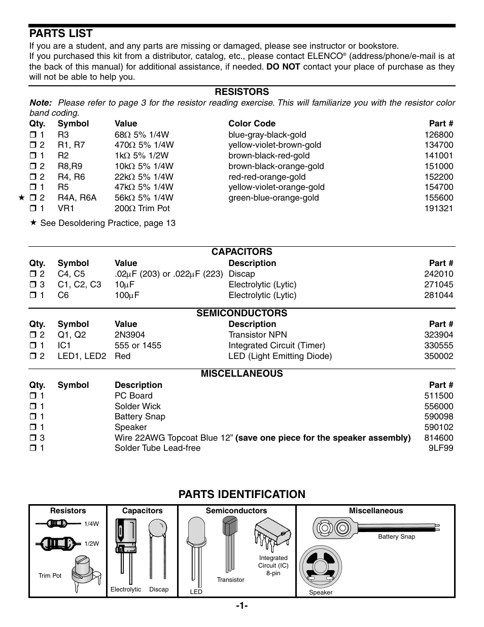 Parts list, Parts identification | Elenco Practical Soldering Project Kit User Manual | Page 2 / 16