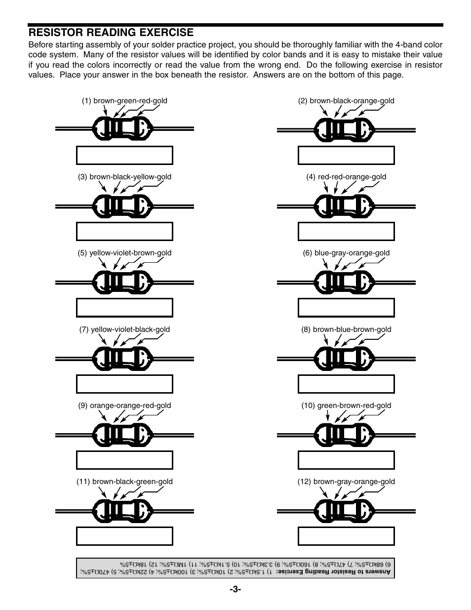 Resistor reading exercise | Elenco Practical Soldering Project Kit User Manual | Page 4 / 16