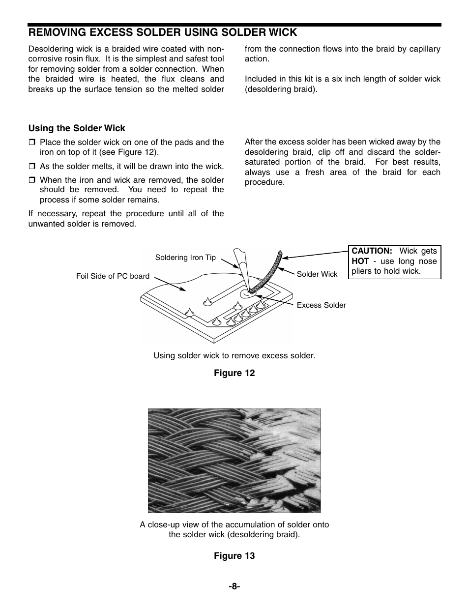 Removing excess solder using solder wick | Elenco Practical Soldering Project Kit User Manual | Page 9 / 16