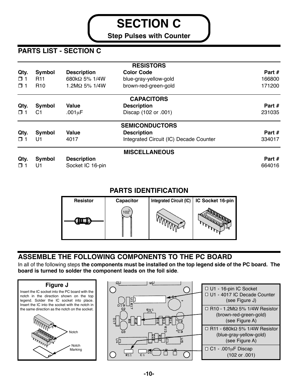 Step pulses with counter parts identification, Assemble the following components to the pc board | Elenco DataCom Tester Kit User Manual | Page 11 / 28