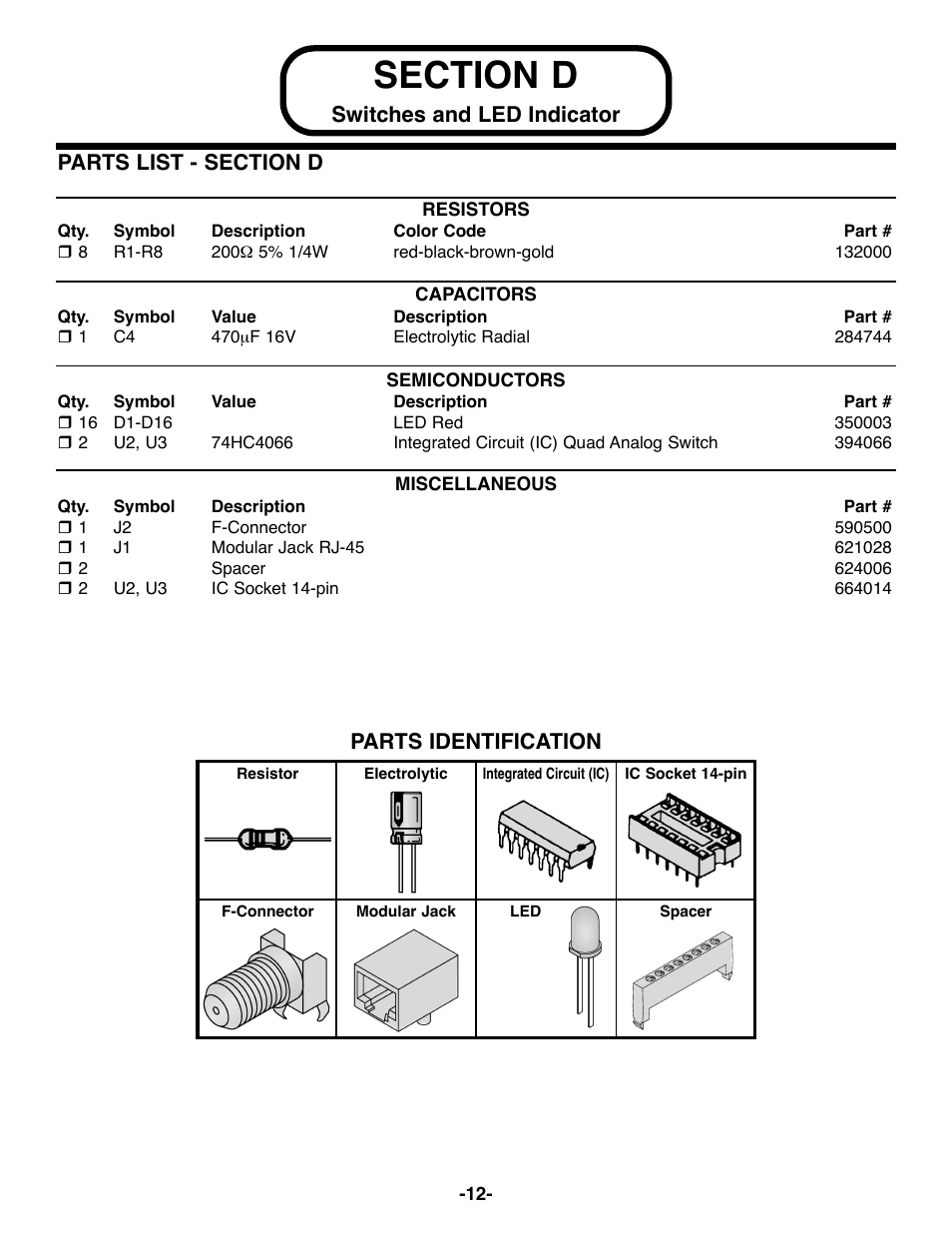 Switches and led indicator parts identification | Elenco DataCom Tester Kit User Manual | Page 13 / 28