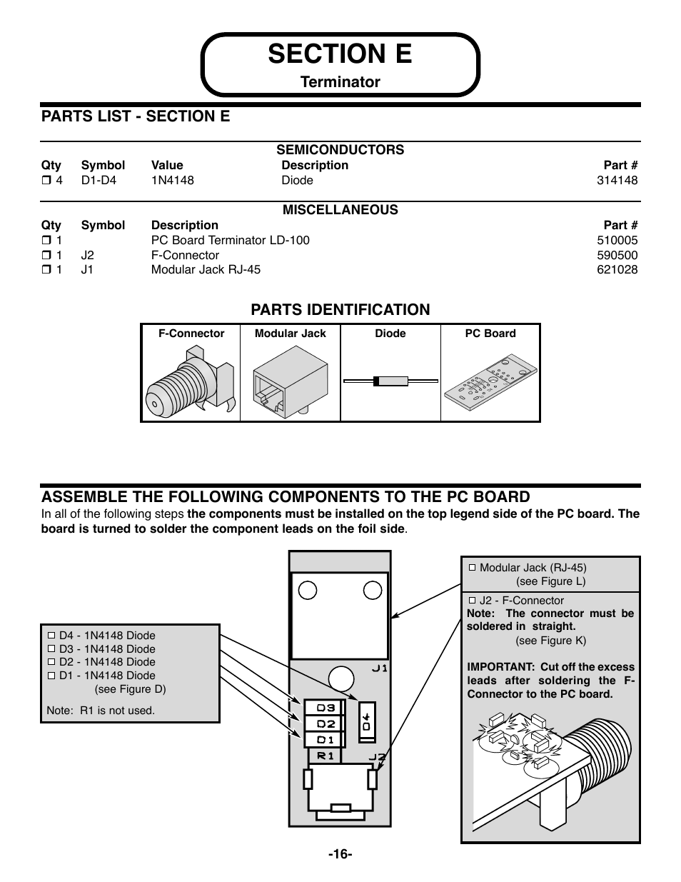 Terminator parts identification, Assemble the following components to the pc board | Elenco DataCom Tester Kit User Manual | Page 17 / 28