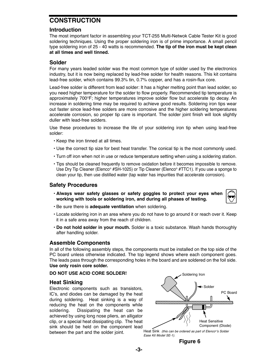 Construction, Introduction, Solder | Safety procedures, Assemble components, Heat sinking, Figure 6 | Elenco DataCom Tester Kit User Manual | Page 4 / 28