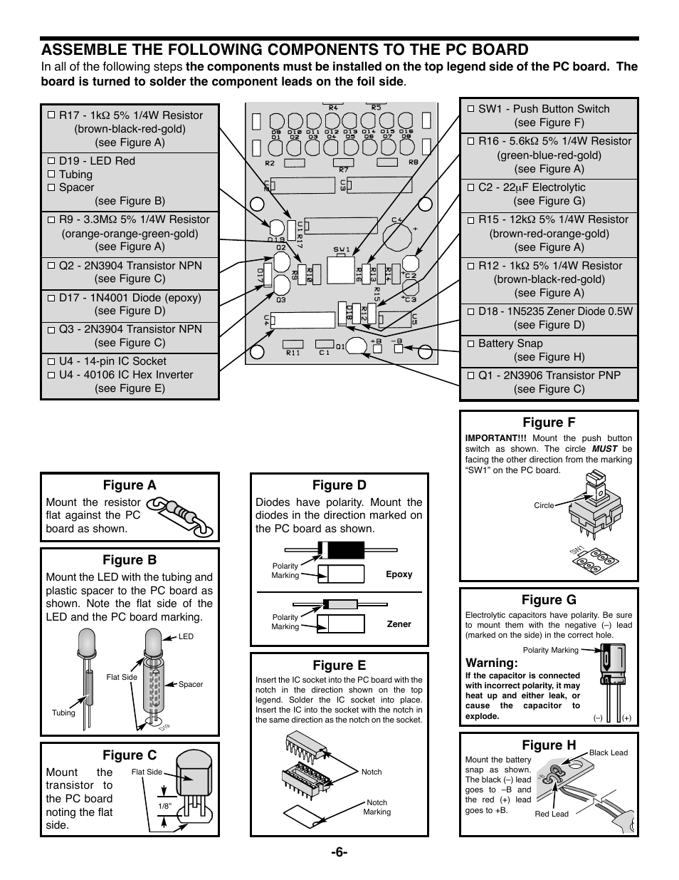 Assemble the following components to the pc board, Figure b, Figure a | Figure d, Figure f, Figure g, Figure c, Figure e, Figure h | Elenco DataCom Tester Kit User Manual | Page 7 / 28