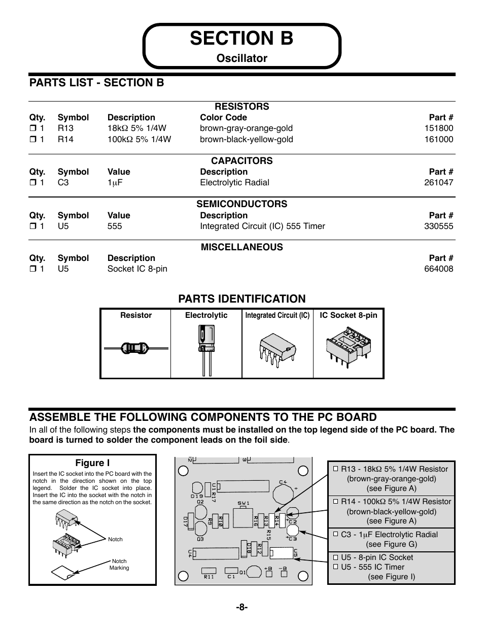 Oscillator parts identification, Assemble the following components to the pc board | Elenco DataCom Tester Kit User Manual | Page 9 / 28