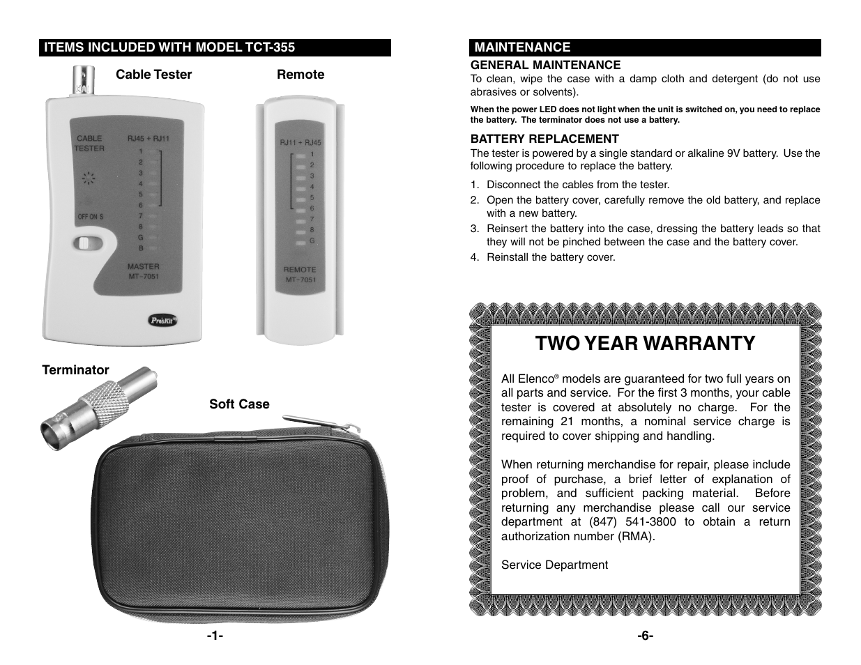 Two year warranty | Elenco MultiModular Cable Tester User Manual | Page 2 / 4