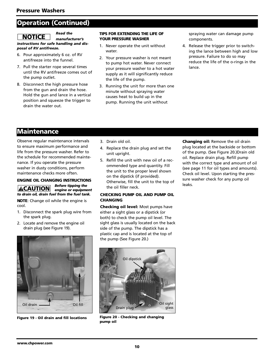 Maintenance, Operation (continued), Notice | Caution, Pressure washers | Campbell Hausfeld PW3228 User Manual | Page 10 / 14