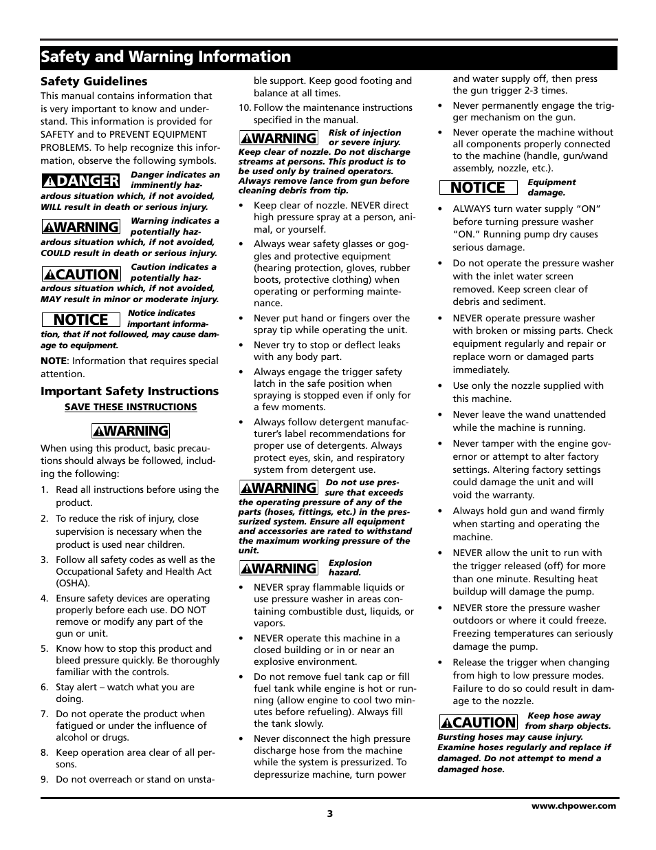 Safety and warning information, Notice, Caution | Danger, Warning | Campbell Hausfeld PW3228 User Manual | Page 3 / 14