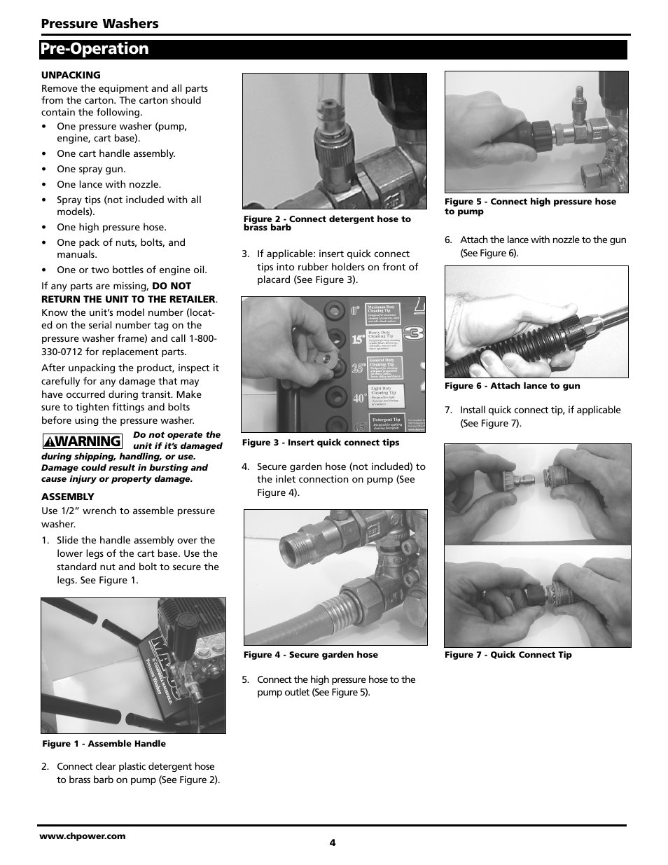 Pre-operation, Warning, Pressure washers | Campbell Hausfeld PW3228 User Manual | Page 4 / 14