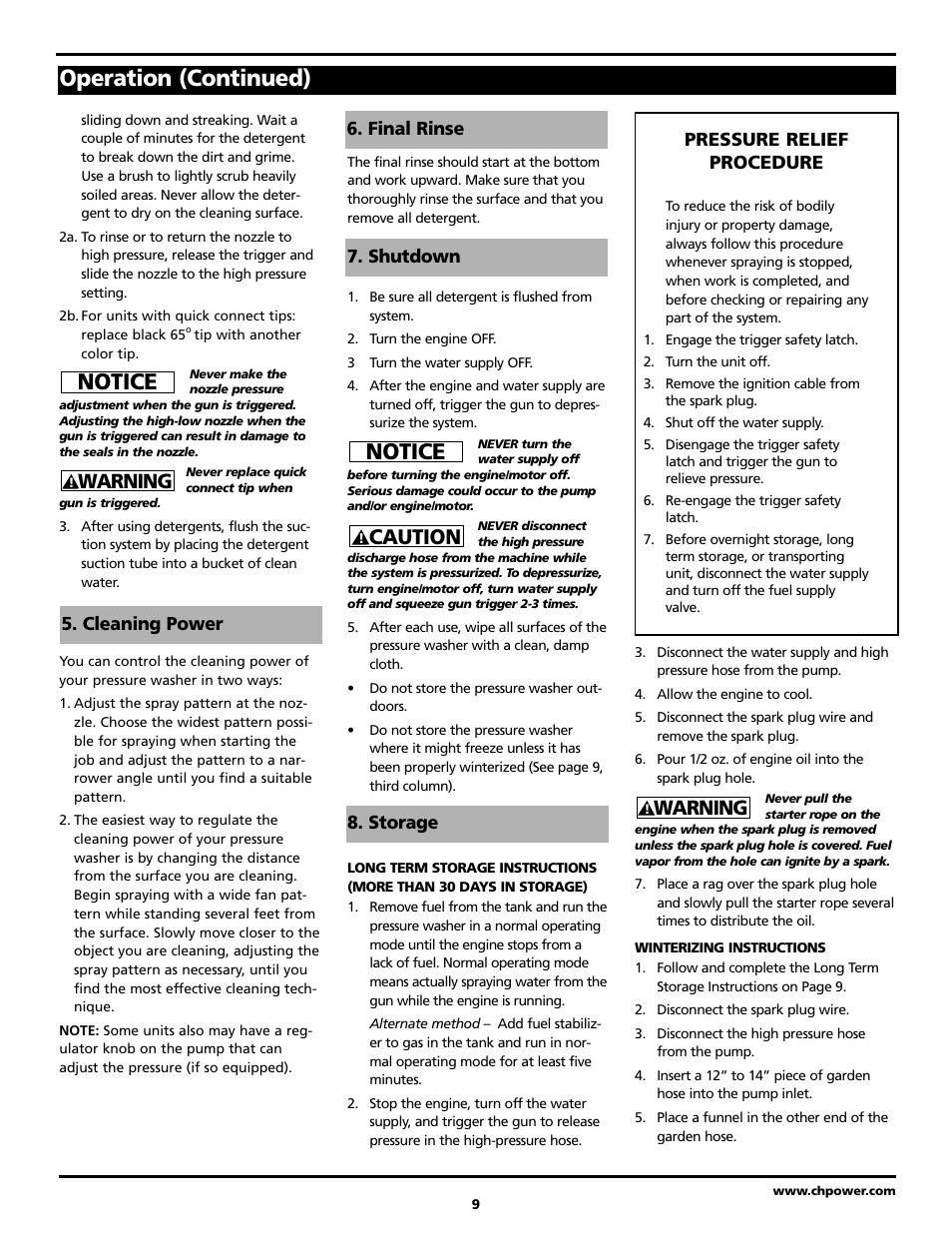 Operation (continued), Notice, Caution | Warning, Cleaning power | Campbell Hausfeld PW3228 User Manual | Page 9 / 14