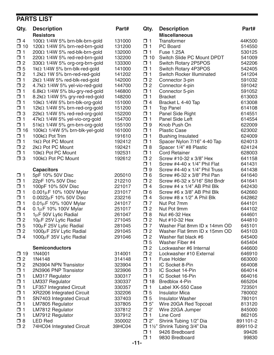 Parts list | Elenco Digital / Analog Trainer in Case User Manual | Page 12 / 16