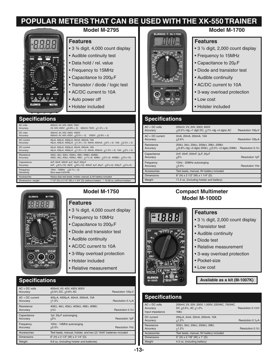 Specifications, Features model m-1750, Compact multimeter model m-1000d specifications | Features specifications, Features model m-2795 specifications | Elenco Digital / Analog Trainer in Case User Manual | Page 14 / 16