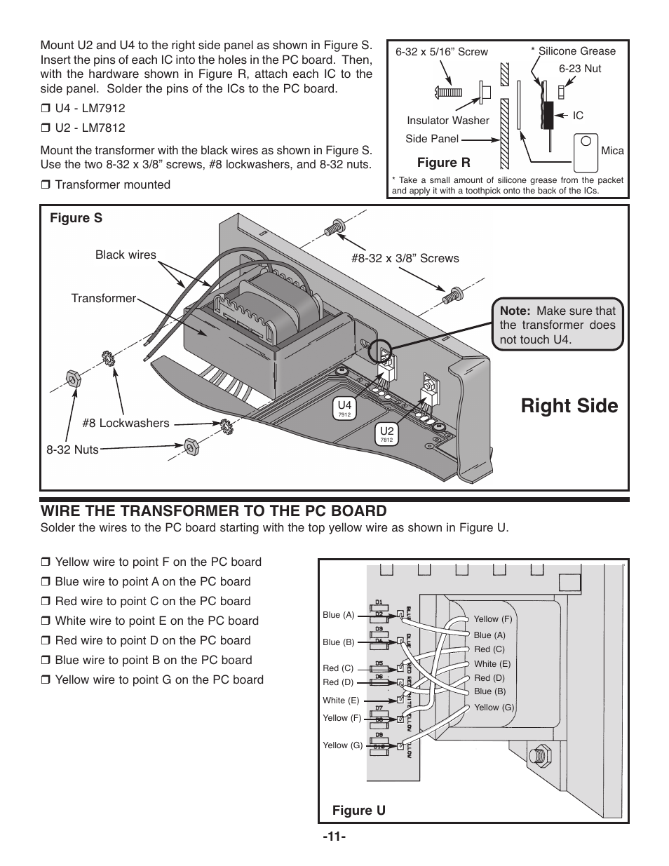 Right side, Wire the transformer to the pc board | Elenco Deluxe Digital / Analog Trainer with Tools Kit Version User Manual | Page 12 / 52