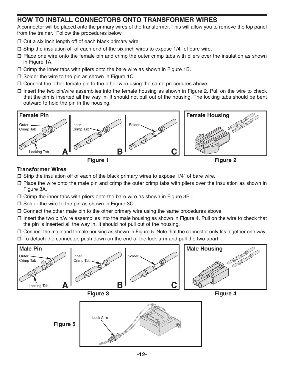 Ca b c, How to install connectors onto transformer wires | Elenco Deluxe Digital / Analog Trainer with Tools Kit Version User Manual | Page 13 / 52