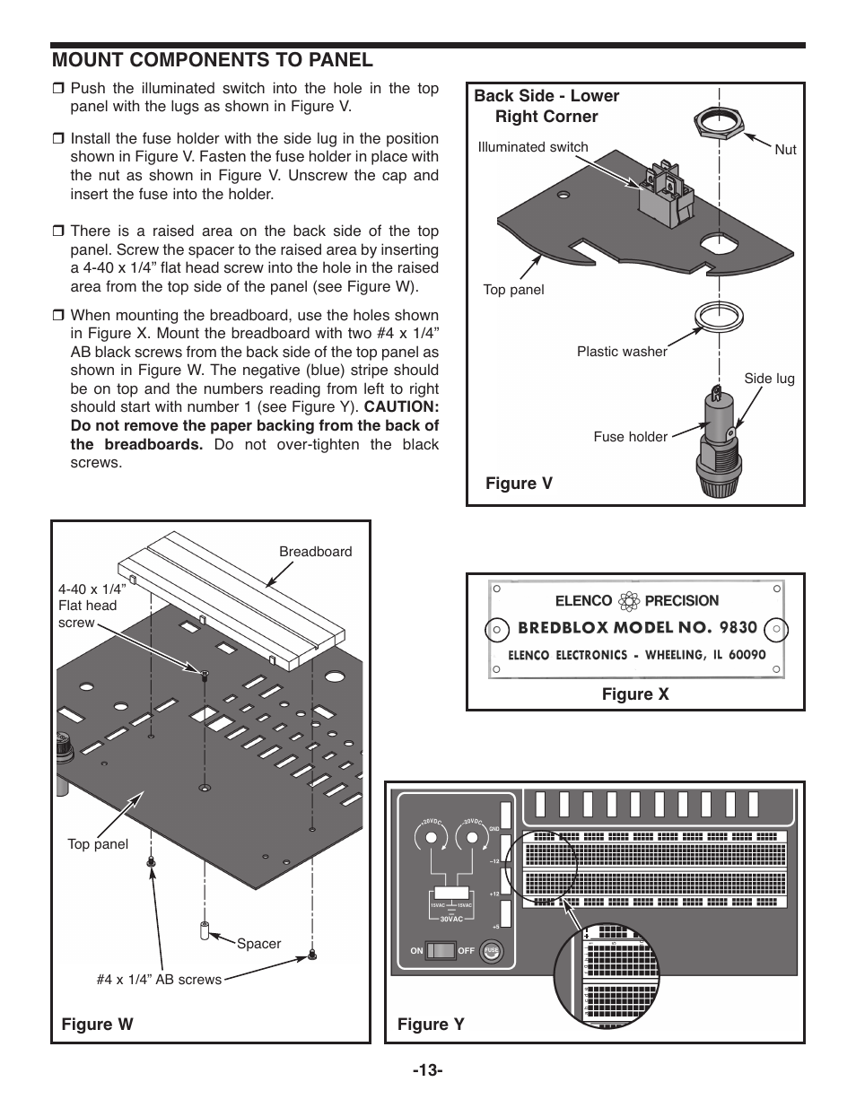 Mount components to panel, Figure x -13, Figure w | Figure y back side - lower right corner figure v | Elenco Deluxe Digital / Analog Trainer with Tools Kit Version User Manual | Page 14 / 52