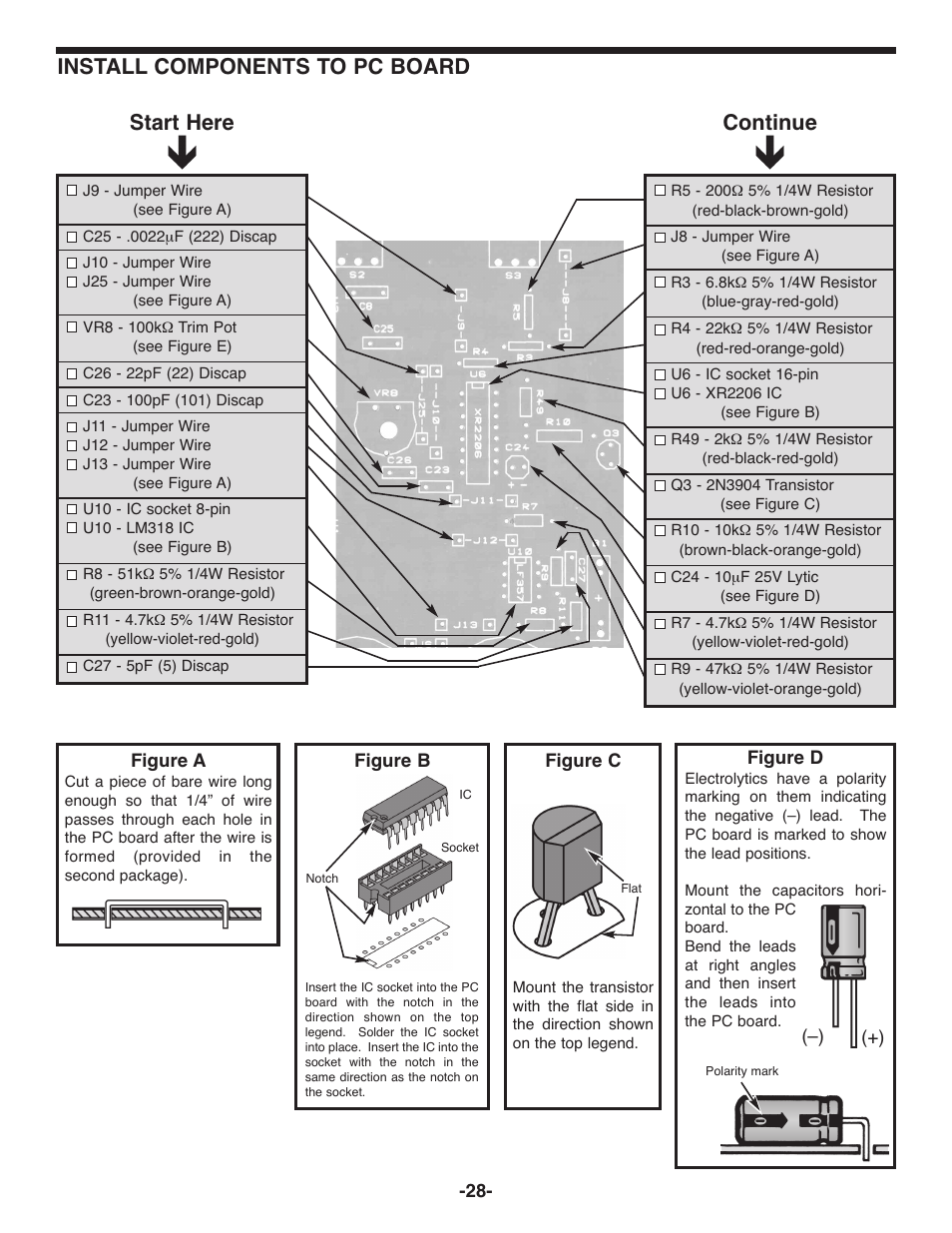 Continue install components to pc board start here | Elenco Deluxe Digital / Analog Trainer with Tools Kit Version User Manual | Page 29 / 52