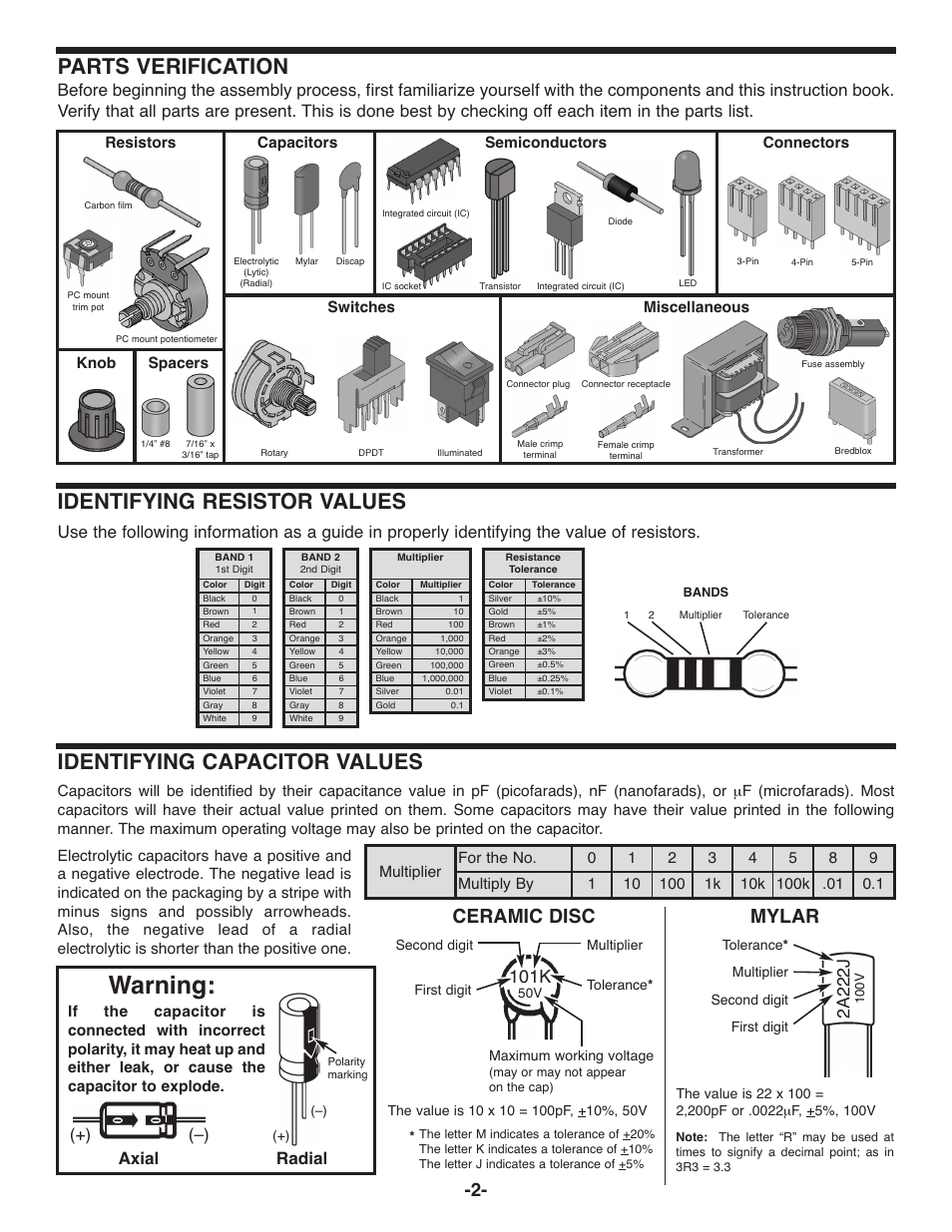 Warning, Parts verification, Identifying resistor values | Identifying capacitor values, Ceramic disc mylar, 101k, Axial radial, 2a 22 2j, Resistors capacitors, Connectors switches | Elenco Deluxe Digital / Analog Trainer with Tools Kit Version User Manual | Page 3 / 52