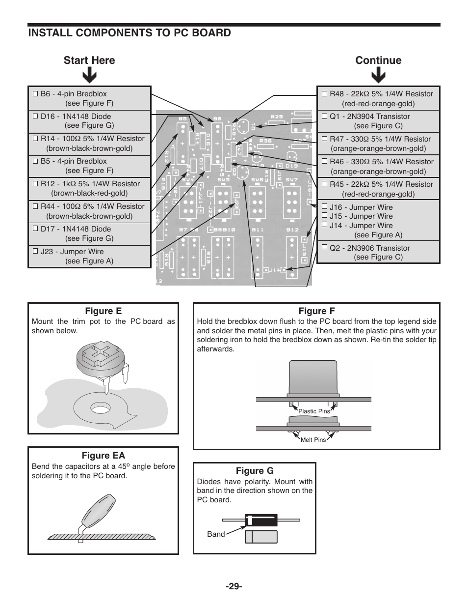 Continue install components to pc board start here | Elenco Deluxe Digital / Analog Trainer with Tools Kit Version User Manual | Page 30 / 52