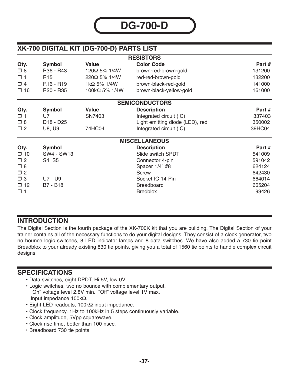 Dg-700-d, Introduction, Specifications | Elenco Deluxe Digital / Analog Trainer with Tools Kit Version User Manual | Page 38 / 52