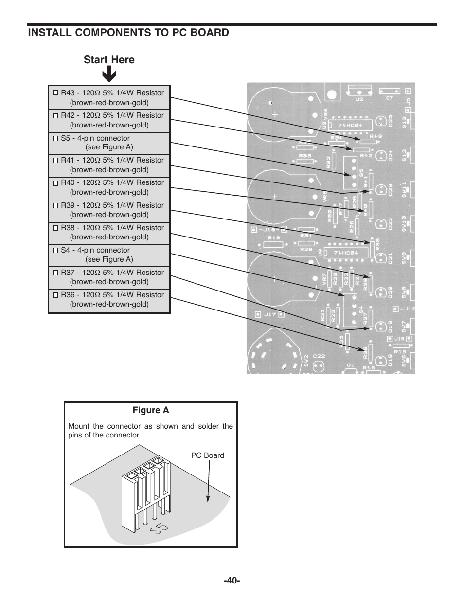 Install components to pc board, Start here | Elenco Deluxe Digital / Analog Trainer with Tools Kit Version User Manual | Page 41 / 52