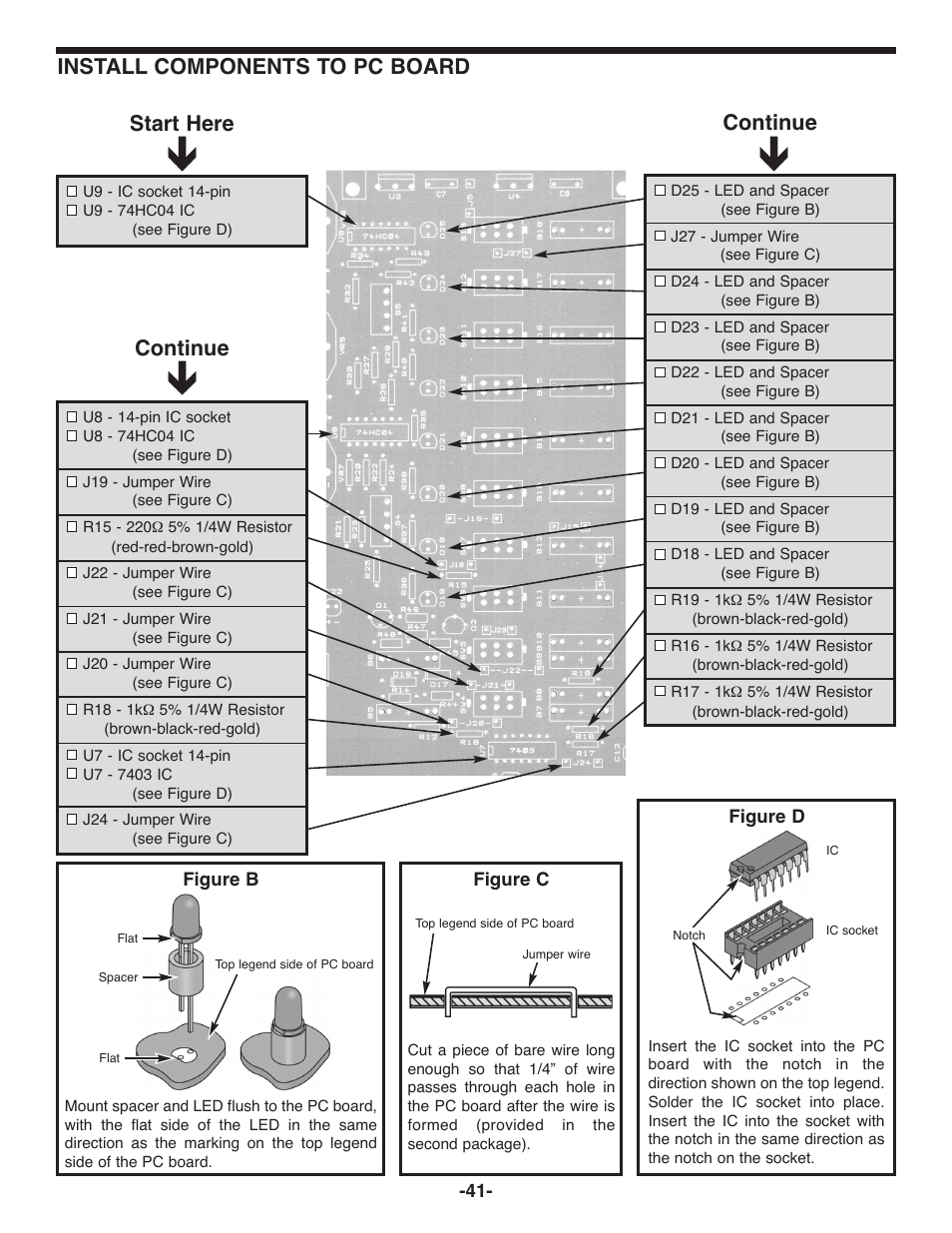 Continue install components to pc board start here, Continue | Elenco Deluxe Digital / Analog Trainer with Tools Kit Version User Manual | Page 42 / 52