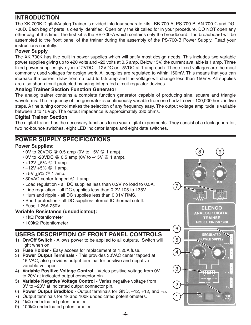 Introduction, Power supply specifications, Users description of front panel controls | Elenco Deluxe Digital / Analog Trainer with Tools Kit Version User Manual | Page 5 / 52