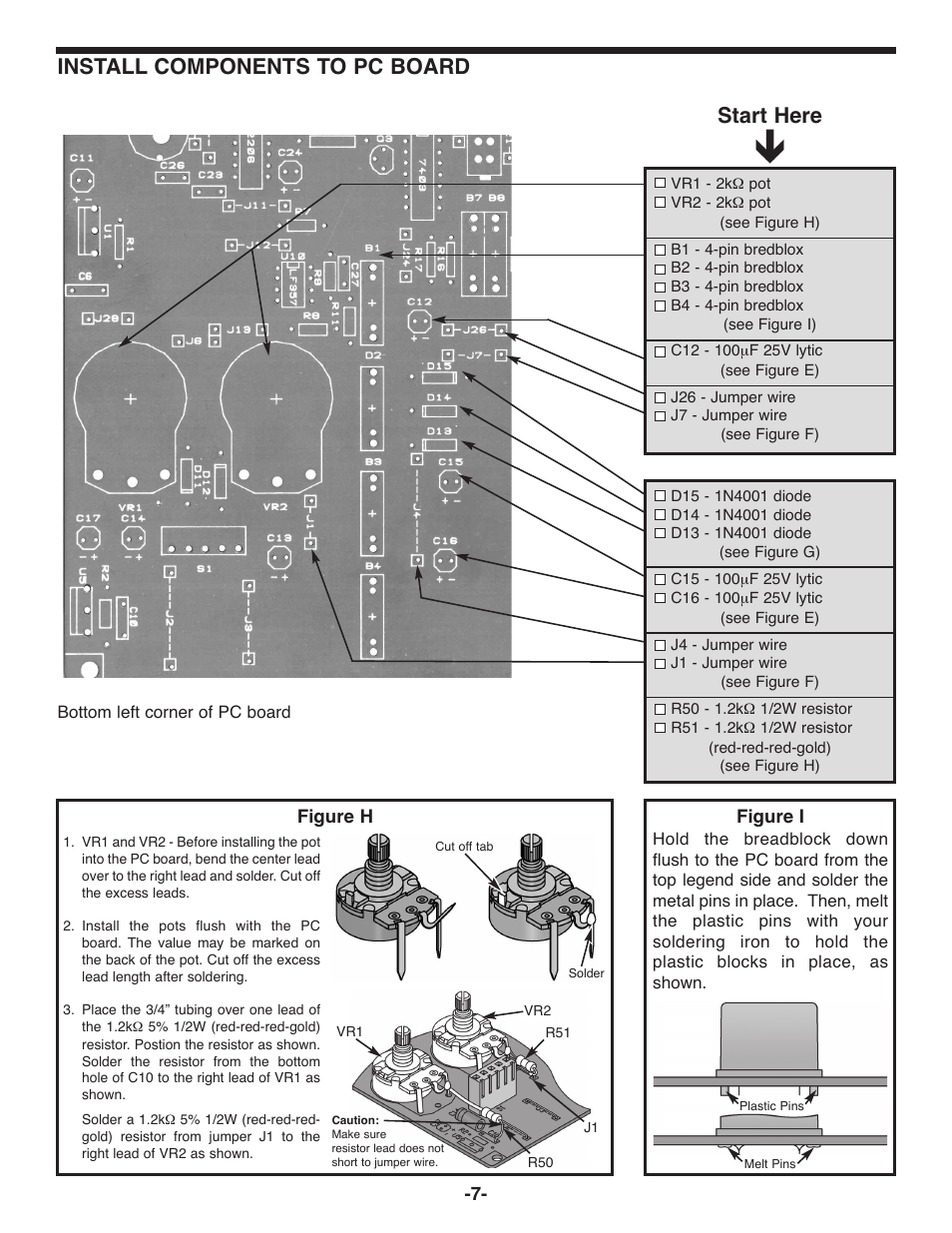 Install components to pc board, Start here | Elenco Deluxe Digital / Analog Trainer with Tools Kit Version User Manual | Page 8 / 52