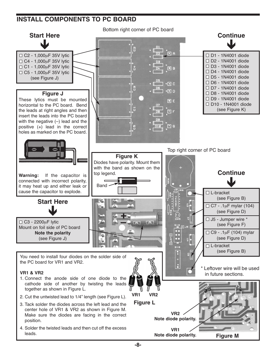 Install components to pc board, Continue, Start here continue start here | Elenco Deluxe Digital / Analog Trainer with Tools Kit Version User Manual | Page 9 / 52