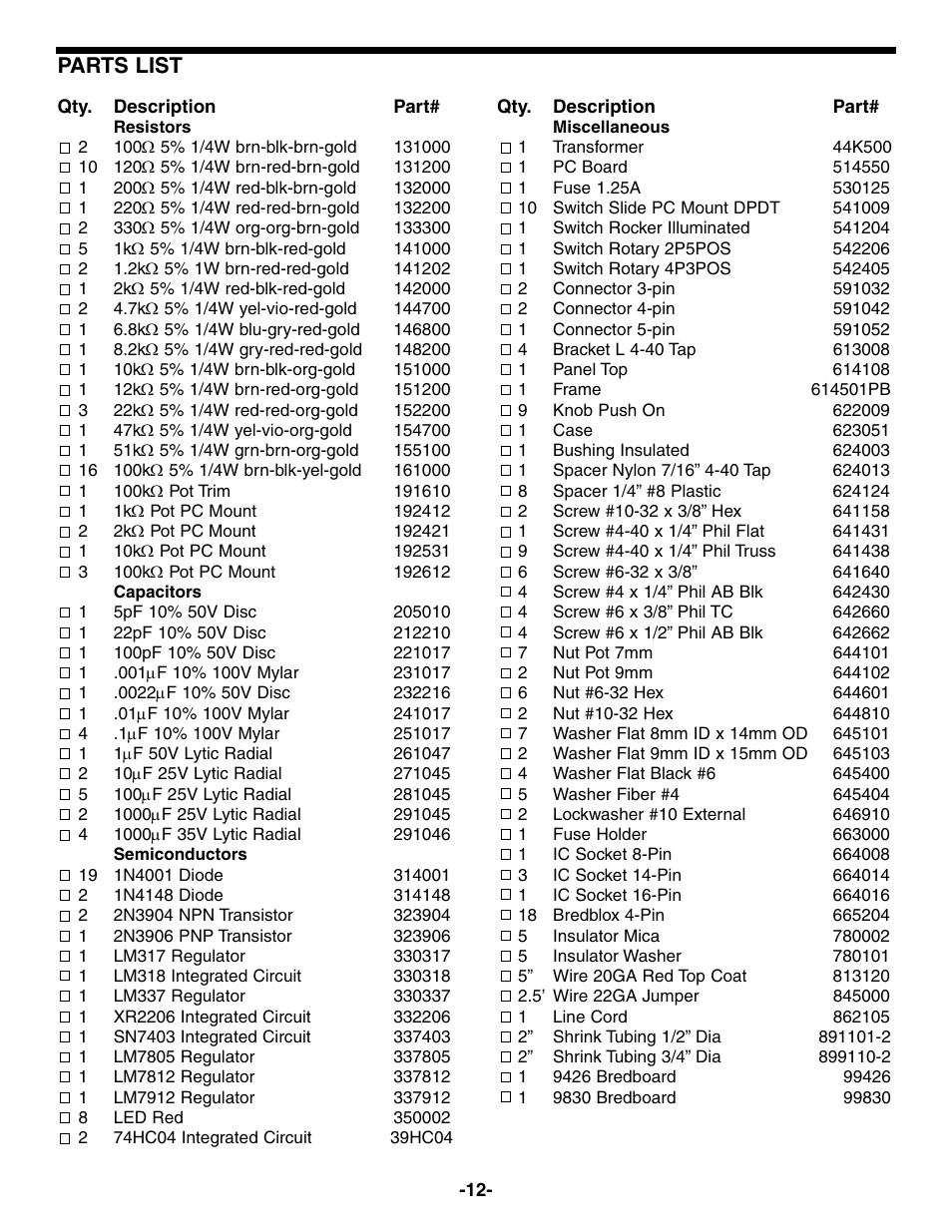 Parts list | Elenco Deluxe Digital / Analog Trainer with Tools User Manual | Page 13 / 16