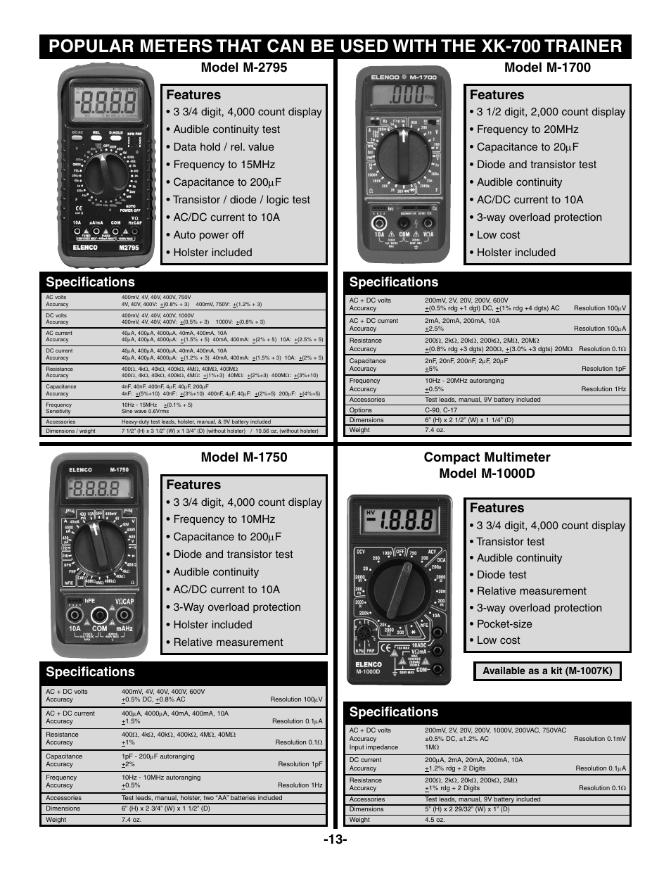 Specifications, Features model m-1750, Compact multimeter model m-1000d specifications | Features specifications, Features model m-2795 specifications, Features model m-1700, Available as a kit (m-1007k) | Elenco Deluxe Digital / Analog Trainer with Tools User Manual | Page 14 / 16