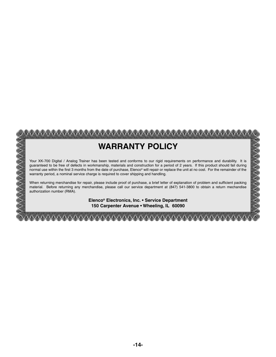 Warranty policy | Elenco Deluxe Digital / Analog Trainer with Tools User Manual | Page 15 / 16