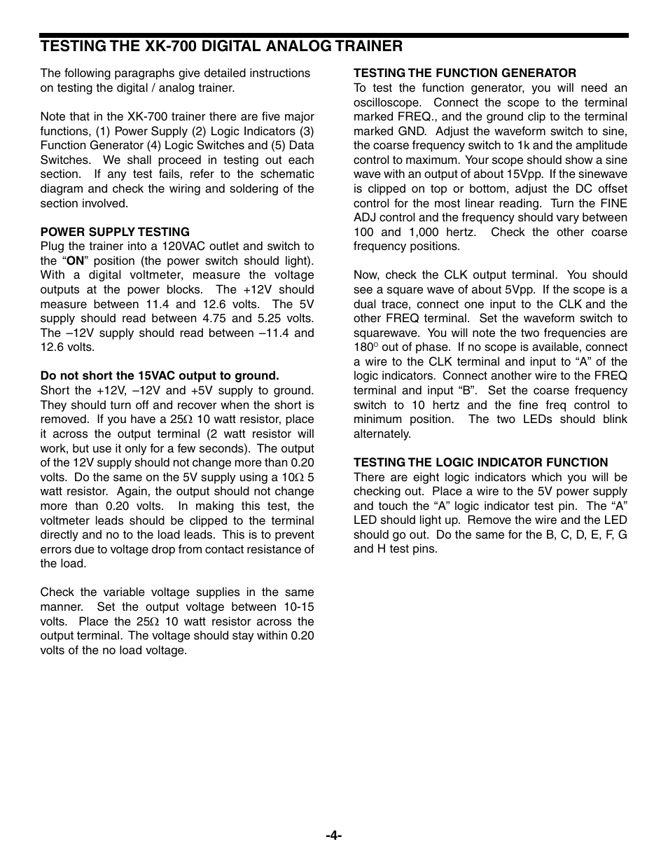Testing the xk-700 digital analog trainer | Elenco Deluxe Digital / Analog Trainer with Tools User Manual | Page 5 / 16