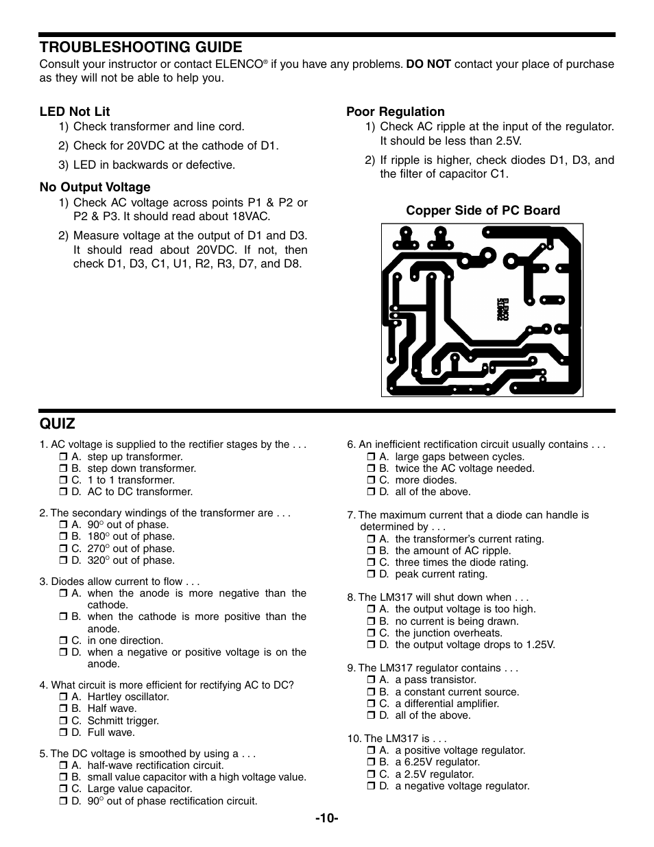Quiz troubleshooting guide | Elenco Variable Voltage Power Supply Kit User Manual | Page 11 / 12
