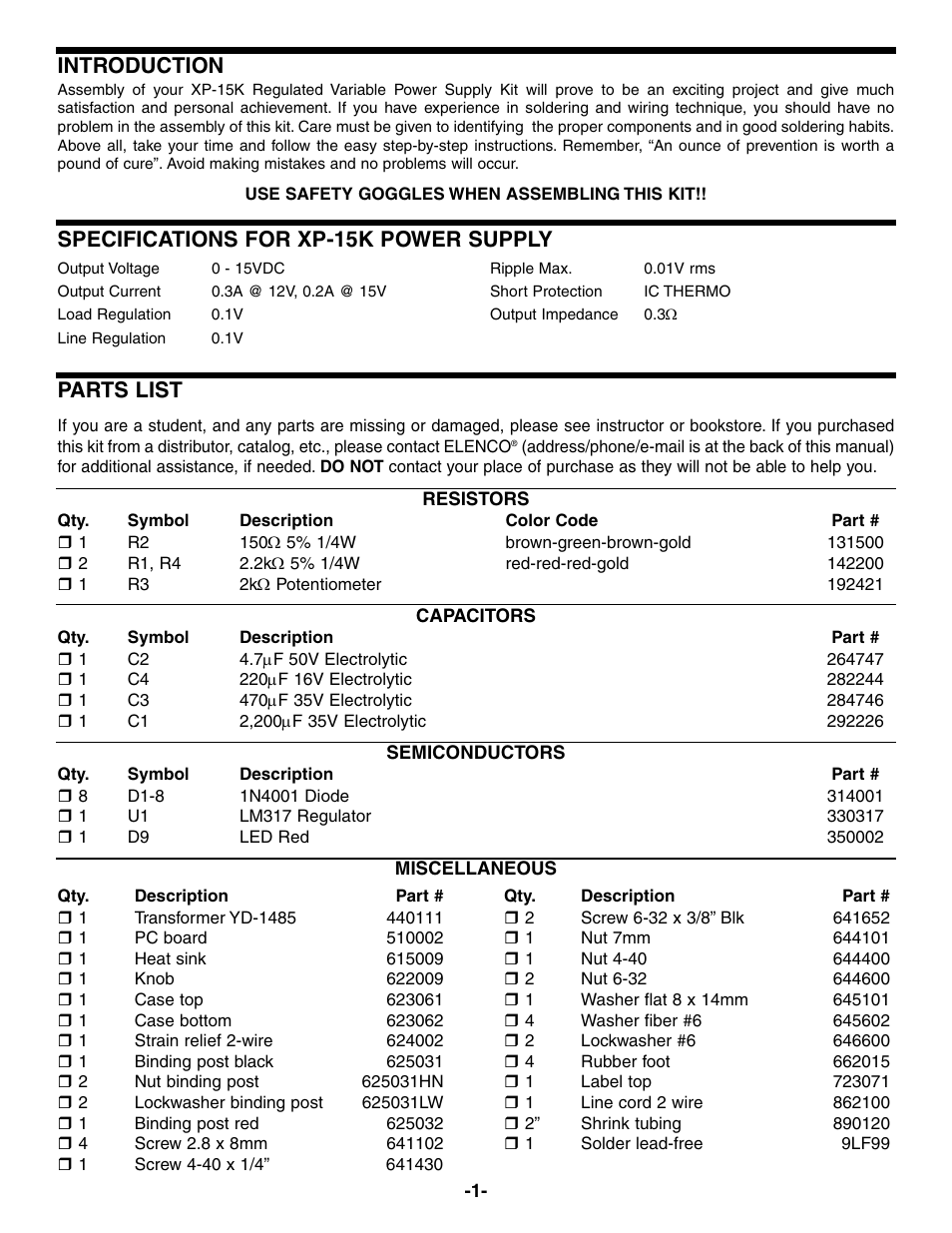Introduction, Specifications for xp-15k power supply, Parts list | Elenco Variable Voltage Power Supply Kit User Manual | Page 2 / 12