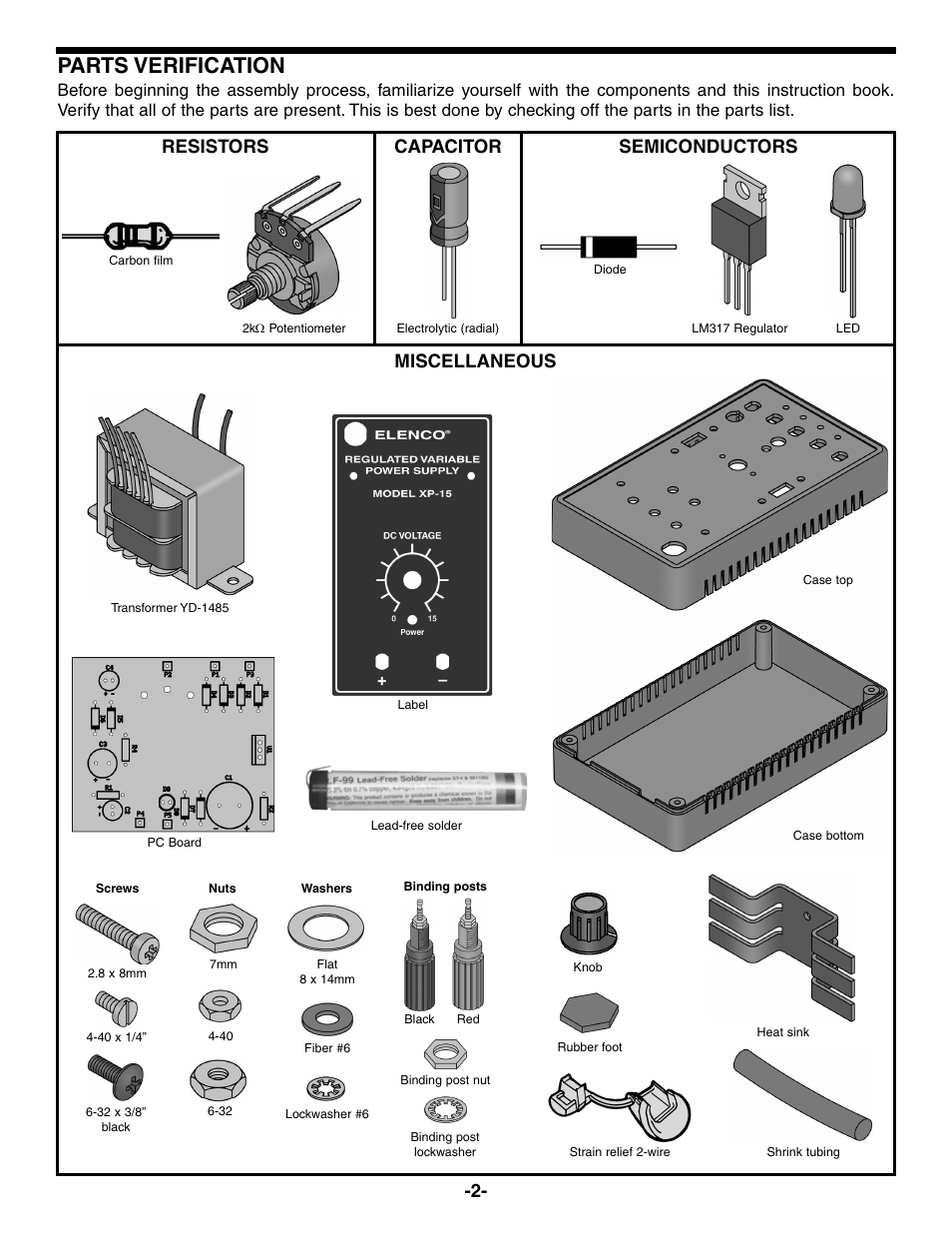 Parts verification, Resistors capacitor semiconductors, Miscellaneous | Elenco Variable Voltage Power Supply Kit User Manual | Page 3 / 12