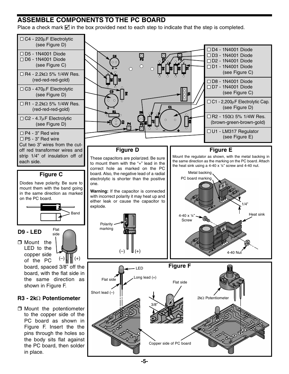 Assemble components to the pc board | Elenco Variable Voltage Power Supply Kit User Manual | Page 6 / 12