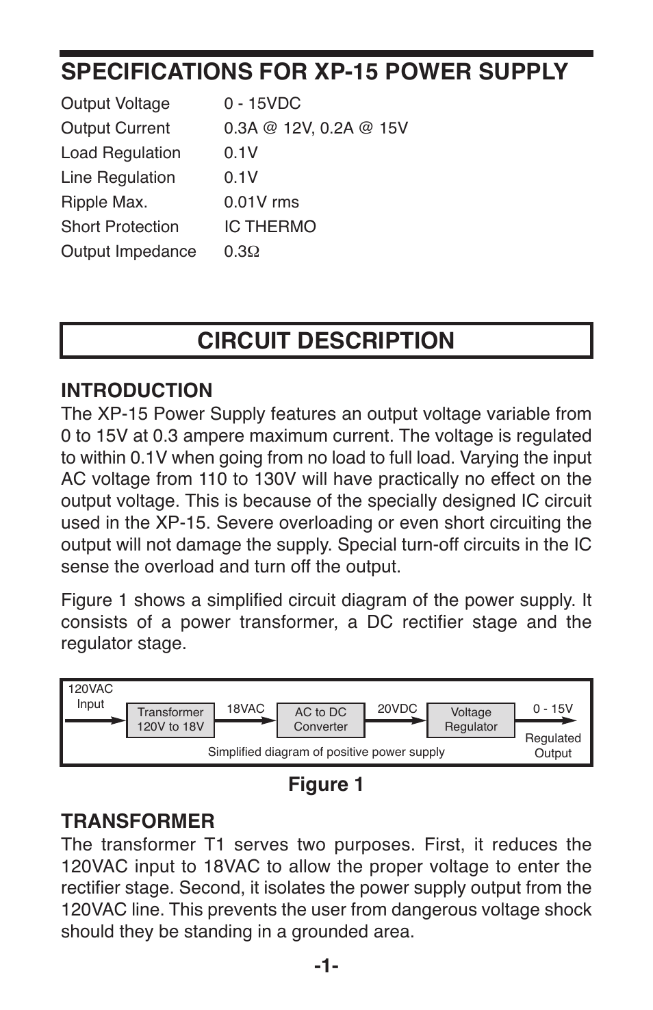 Circuit description, Specifications for xp-15 power supply, Figure 1 | Introduction, Transformer | Elenco Variable Voltage Power Supply User Manual | Page 2 / 8