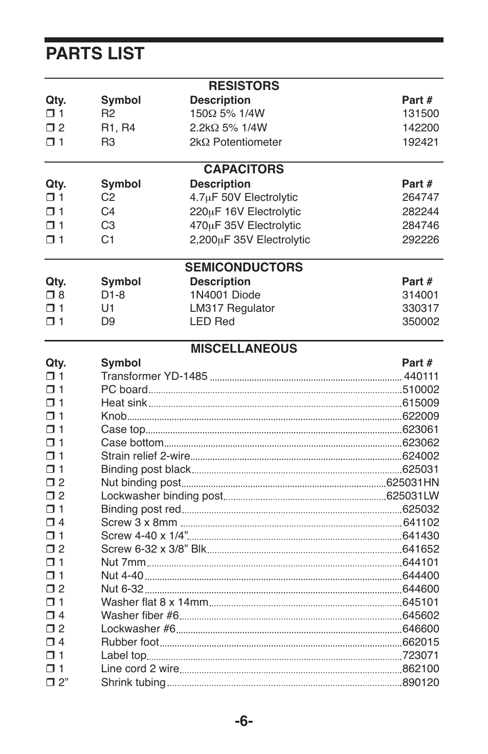 Parts list | Elenco Variable Voltage Power Supply User Manual | Page 7 / 8