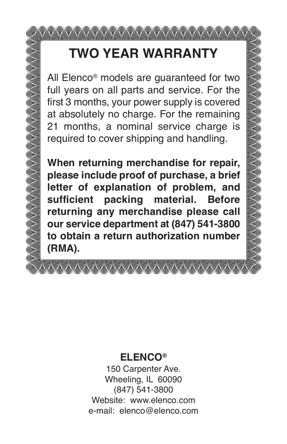 Two year warranty | Elenco Variable Voltage Power Supply User Manual | Page 8 / 8