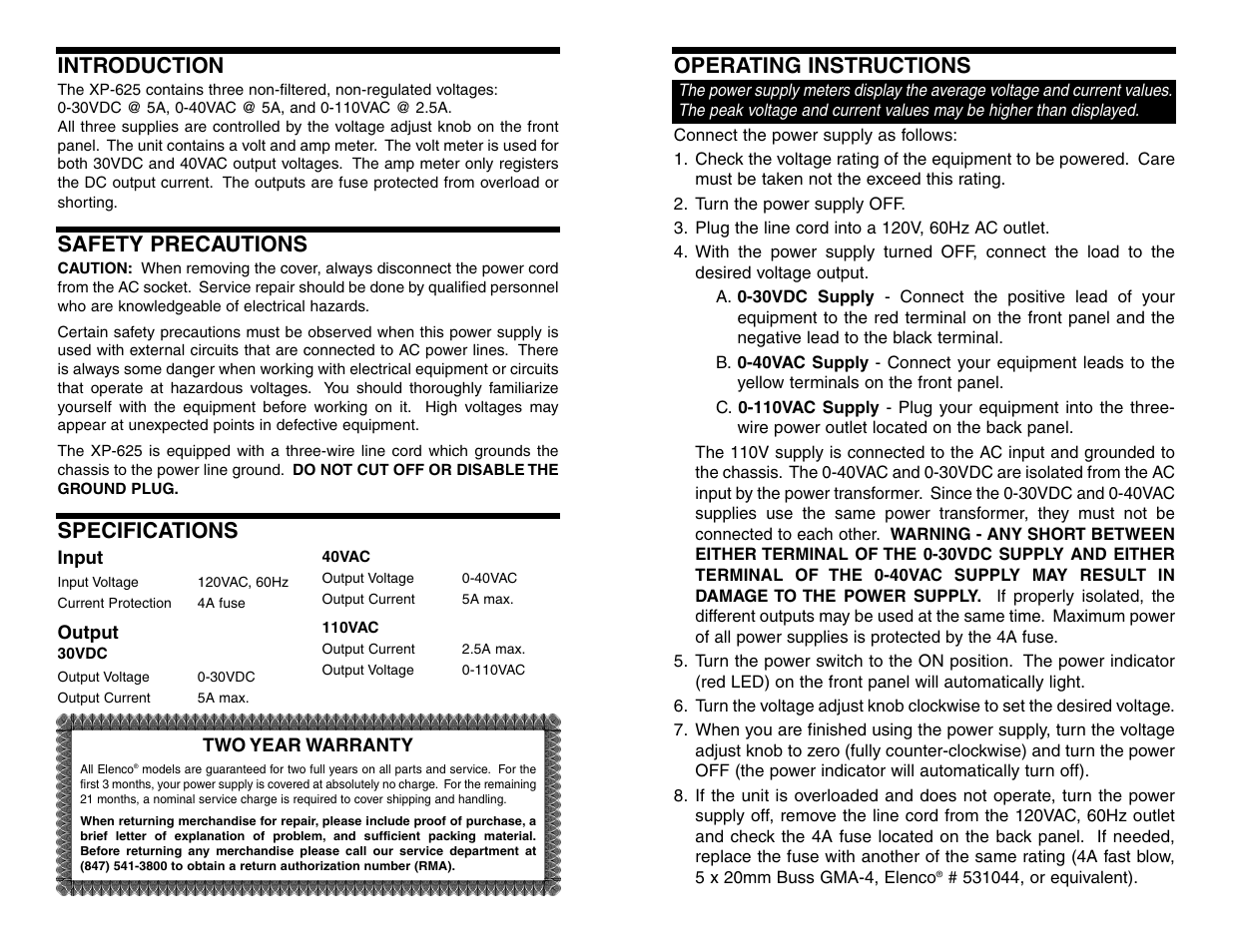 Introduction, Safety precautions, Specifications operating instructions | Elenco AC/DC Power Supply User Manual | Page 2 / 2