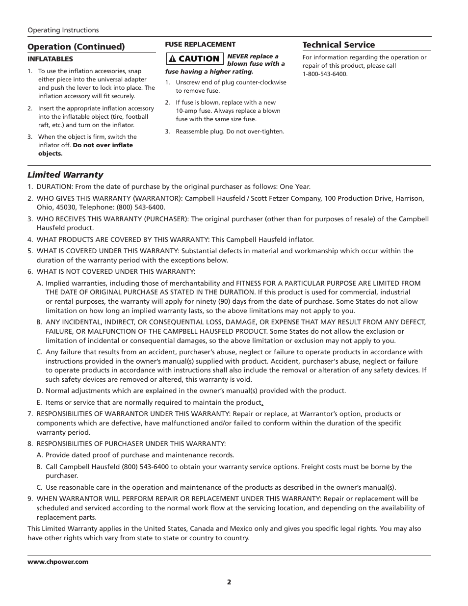 Operation (continued), Technical service, Limited warranty | Campbell Hausfeld IN733300AV User Manual | Page 2 / 8