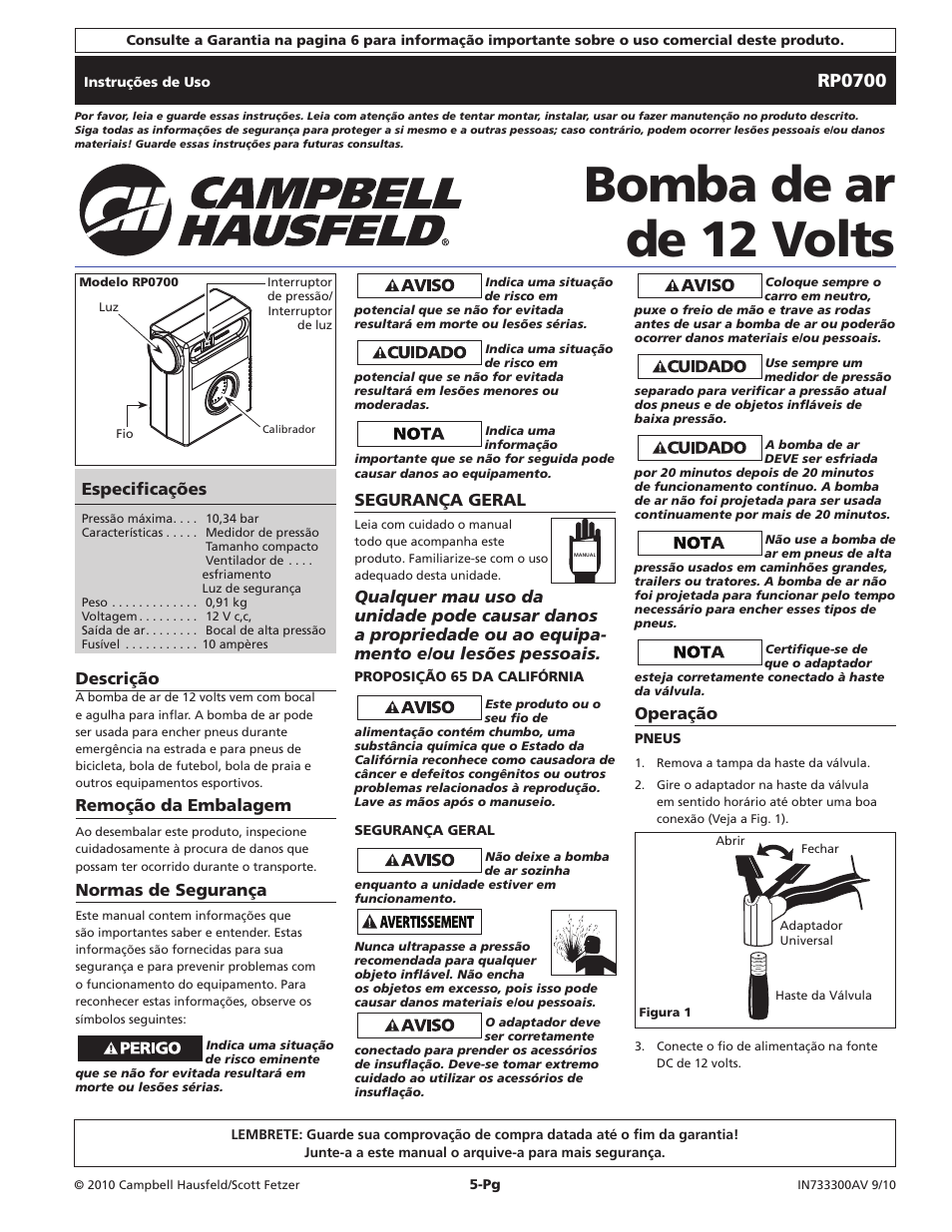 Bomba de ar de 12 volts, Rp0700, Descrição | Remoção da embalagem, Normas de segurança, Operação, Segurança geral, Especificações | Campbell Hausfeld IN733300AV User Manual | Page 5 / 8