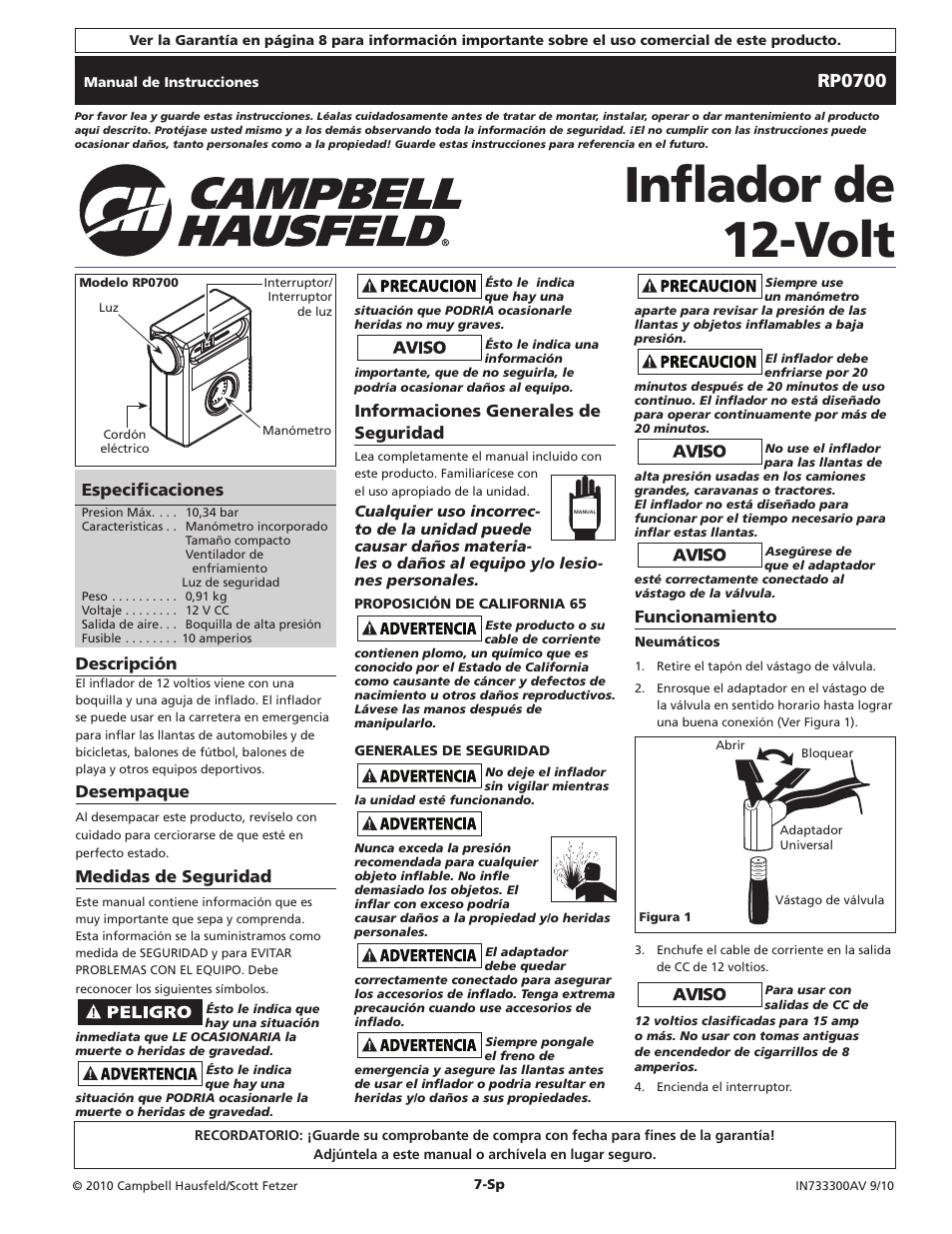 Inflador de 12-volt, Rp0700, Descripción | Desempaque, Medidas de seguridad, Funcionamiento, Informaciones generales de seguridad, Especificaciones | Campbell Hausfeld IN733300AV User Manual | Page 7 / 8